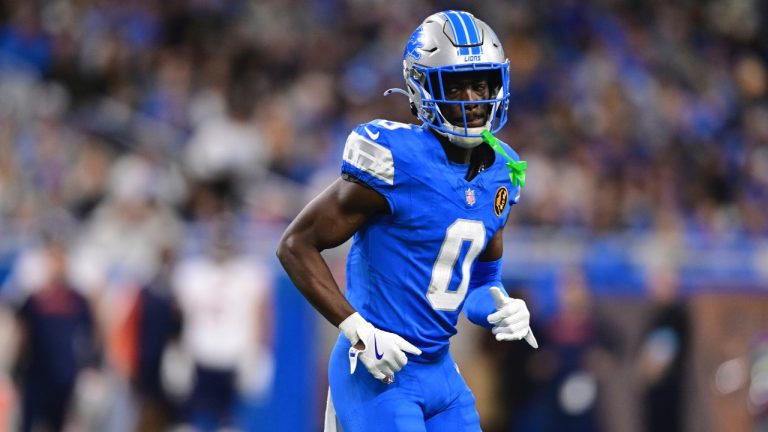 Detroit Lions cornerback Terrion Arnold lines up during the first half of an NFL game against the Chicago Bears in Detroit, Thursday, Nov. 28, 2024. (AP/David Dermer)