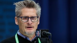 Former Atlanta Falcons general manager Thomas Dimitroff speaks during a press conference at the NFL football scouting combine in Indianapolis, Feb. 25, 2020. (AP Photo/Michael Conroy, File)