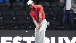 Tiger Woods warms up before a match against Los Angeles Golf Club and his team the Jupiter Links Golf Club, Tuesday, Jan. 14, 2025, in Palm Beach Gardens, Fla. (Marta Lavandier/AP)