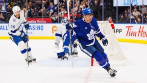 Toronto Maple Leafs' William Nylander (88) celebrates a goal during second period NHL hockey action against the Tampa Bay Lightning, in Toronto, Monday, Jan. 20, 2025. (Cole Burston/CP)