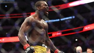 Abdul Razak Alhassan exults after knocking out Niko Price in a welterweight mixed martial arts bout at UFC 228 in 2018. (Jeffrey McWhorter/AP)