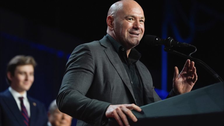 Dana White seen speaking at an election night watch party at the Palm Beach Convention Center in 2024  in West Palm Beach, Fla. (Evan Vucci/AP)