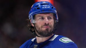 Vancouver Canucks' J.T. Miller waits to take a faceoff during the third period in Game 7 of an NHL hockey Stanley Cup second-round playoff series against the Edmonton Oilers, in Vancouver, on Monday, May 20, 2024. (Darryl Dyck/CP)