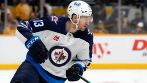 Winnipeg Jets centre Gabriel Vilardi plays against the Nashville Predators during the second period of an NHL hockey game Saturday, Nov. 23, 2024, in Nashville, Tenn. (Mark Humphrey/AP)