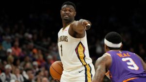 New Orleans Pelicans forward Zion Williamson (1) during the first half of an NBA basketball game against the Phoenix Suns, Sunday, April 7, 2024, in Phoenix. (Rick Scuteri/AP)