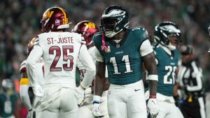 Philadelphia Eagles' A.J. Brown plays during an NFL football game. (Matt Slocum/AP)