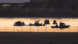 Search and rescue efforts are seen around a wreckage site in the Potomac River from Ronald Reagan Washington National Airport, early Thursday morning, Jan. 30, 2025, in Arlington, Va. (Mark Schiefelbein/AP)