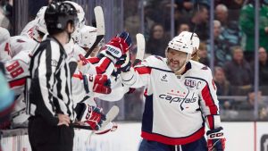 Washington Capitals left wing Alex Ovechkin (8) is congratulated after scoring against the Seattle Kraken during the third period of an NHL hockey game, Thursday, Jan. 23, 2025, in Seattle. (John Froschauer/AP)