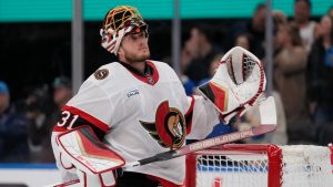 Ottawa Senators goaltender Anton Forsberg (31) pauses after giving up a goal to St. Louis Blues' Brandon Saad during the second period of an NHL hockey game Friday, Jan. 3, 2025, in St. Louis. (Jeff Roberson/AP)