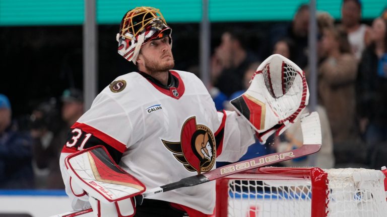 Ottawa Senators goaltender Anton Forsberg (31) pauses after giving up a goal to St. Louis Blues' Brandon Saad during the second period of an NHL hockey game Friday, Jan. 3, 2025, in St. Louis. (Jeff Roberson/AP)