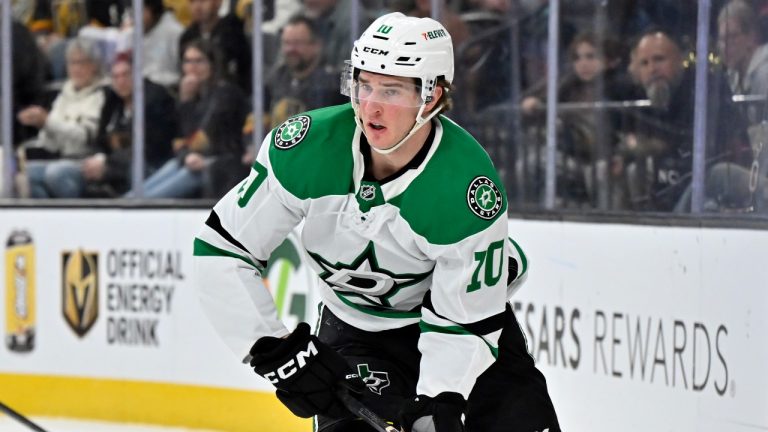 Dallas Stars centre Oskar Bäck (10) skates against the Vegas Golden Knights during the second period of an NHL hockey game Friday, Dec. 6, 2024, in Las Vegas. (David Becker/AP Photo)