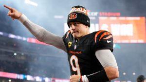 Cincinnati Bengals quarterback Joe Burrow (9) celebrates following the team's 30-24 victory over the Denver Broncos during an NFL football game Saturday, Dec. 28, 2024, in Cincinnati. (Jeff Dean/AP)