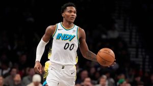 Indiana Pacers' Bennedict Mathurin (00) looks to pass during the second half of an NBA basketball game against the Brooklyn Nets, Monday, Jan. 6, 2025, in New York. (Frank Franklin II/AP)