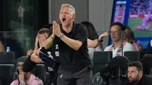 St. Louis City head coach Bradley Carnell, front left, calls to his players from the sideline during the second half of an MLS soccer match against Inter Miami, Saturday, June 1, 2024, in Fort Lauderdale, Fla. (Rebecca Blackwell/AP)