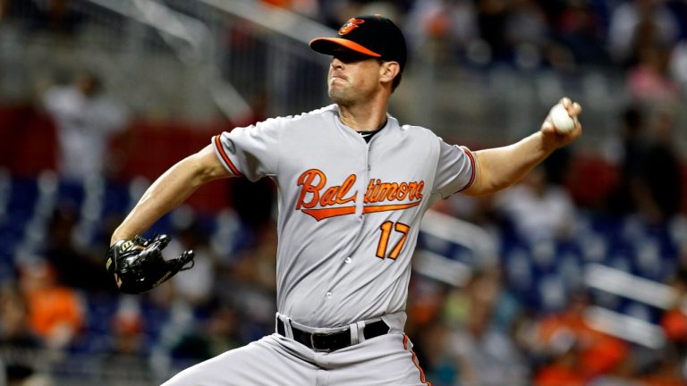 Baltimore Orioles relief pitcher Brian Matusz throws against the Miami Marlins during the 12th inning during a baseball game in Miami, Saturday, May 23, 2015. (Joe Skipper/AP)