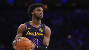 Los Angeles Lakers' Bronny James plays during an NBA basketball game, Tuesday, Jan. 28, 2025, in Philadelphia. (Matt Slocum/AP)