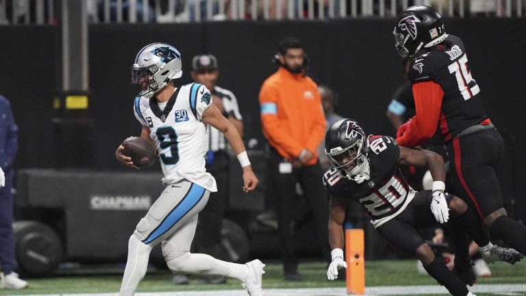 Carolina Panthers quarterback Bryce Young scores against the Atlanta Falcons during the second half of an NFL football game. (Brynn Anderson/AP)