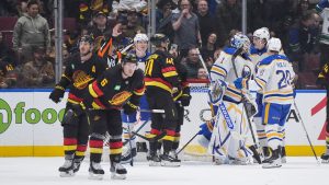 Buffalo Sabres goalie Ukko-Pekka Luukkonen (1), Jiri Kulich (20) and Tage Thompson, back right, celebrate after Buffalo defeated the Vancouver Canucks 3-2 during an NHL hockey game in Vancouver, on Tuesday, January 21, 2025. (Darryl Dyck/CP)