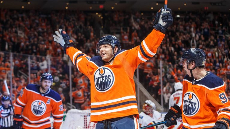 Edmonton Oilers' Alex Chiasson (39) celebrates a goal against the Calgary Flames during second period NHL action in Edmonton, Alta., on Wednesday January 29, 2020. (Jason Franson/CP)