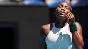 Coco Gauff of the U.S. reacts during her quarterfinal match against Paula Badosa of Spain at the Australian Open tennis championship in Melbourne, Australia, Tuesday, Jan. 21, 2025. (Ng Han Guan/AP)