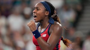 Coco Gauff of the U.S. celebrates after winning a game against Poland's Iga Swiatek during their final match at the United Cup tennis tournament in Sydney, Australia, Sunday, Jan. 5, 2025. (Rick Rycroft/AP)