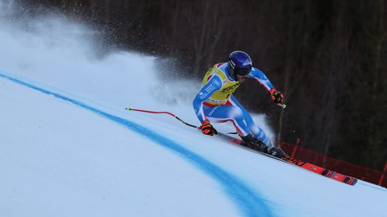 France's Cyprien Sarrazin speeds down the course during an alpine ski, men's World Cup downhill training, in Bormio, Italy, Friday, Dec. 27, 2024. (Marco Trovati/AP)