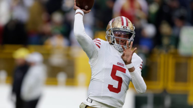 San Francisco 49ers quarterback Joshua Dobbs (5) warms up before an NFL football game against the Green Bay Packers on Sunday, Nov. 24, 2024 in Green Bay, Wis. (Matt Ludtke/AP)