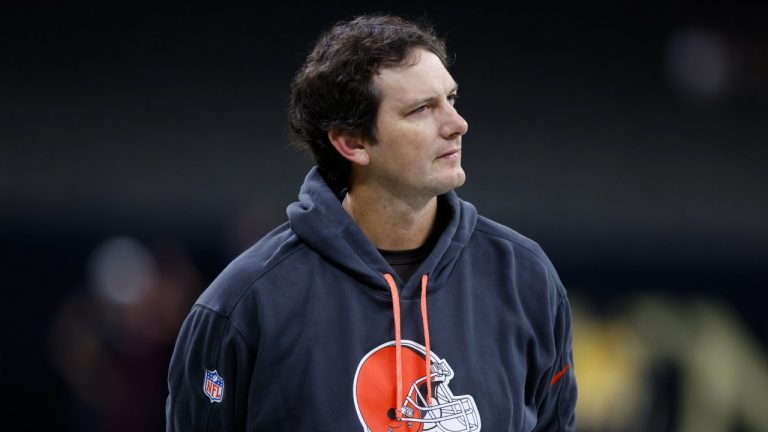 Cleveland Browns offensive coordinator Ken Dorsey watches his team warm up before an NFL football game between the Cleveland Browns and the New Orleans Saints in New Orleans, Sunday, Nov. 17, 2024. (Butch Dill/AP)