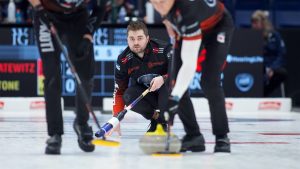 Matt Dunstone watches his rock during the WFG Masters on Jan. 17, 2025, in Guelph, Ont. (Anil Mungal/GSOC)