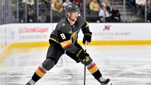 Vegas Golden Knights centre Jack Eichel (9) skates with the puck during the second period of an NHL hockey game against the Philadelphia Flyers Thursday, Jan. 2, 2025, in Las Vegas. (David Becker/AP)