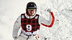 Team Canada Emile Nadeau, of Prevost Que., reacts to his jump in the final on Sunday, January 26, 2025 at the FIS freestyle world cup aerials in Lac-Beauport, Quebec. Nadeau placed third in the event. (Jacques Boissinot/CP)