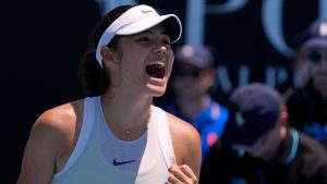 Emma Raducanu of Britain celebrates after defeating Ekaterina Alexandrova of Russia in their first round match at the Australian Open tennis championship in Melbourne, Australia, Tuesday, Jan. 14, 2025. (Manish Swarup/AP)