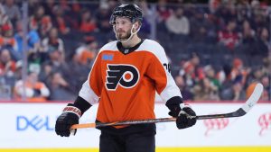 Philadelphia Flyers' Joel Farabee plays during an NHL hockey game, Monday, Jan. 27, 2025, in Philadelphia. (Matt Slocum/AP)