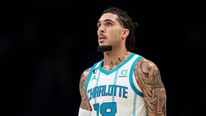 Charlotte Hornets guard LiAngelo Ball (18) looks on during the second half of an NBA preseason basketball game against the Indiana Pacers in Charlotte, N.C., Wednesday, Oct. 5, 2022. (Jacob Kupferman/AP)