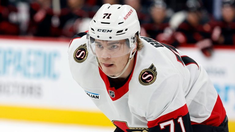 Ottawa Senators' Ridly Greig (71) watches the puck against the Carolina Hurricanes during the first period of an NHL hockey game in Raleigh, N.C., Saturday, Nov. 16, 2024. (Karl B DeBlaker/AP)