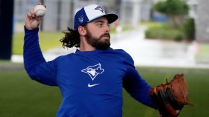 Toronto Blue Jays relief pitcher Hagen Danner (65) throws during a baseball spring training workout Sunday, Feb. 18, 2024, in Dunedin, Fla. (Charlie Neibergall/AP)