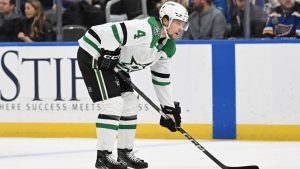 Dallas Stars' Miro Heiskanen (4) looks on against the St. Louis Blues during the first period of an NHL hockey game on Saturday, Jan. 25, 2025, in St. Louis. (Joe Puetz/AP)