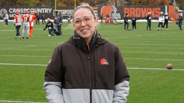 Catherine Hickman, assistant GM & vice president of football operations for the Cleveland Browns, is pictured during an interview at an NFL football practice, Thursday, Nov. 2, 2023, in Berea, Ohio. (Sue Ogrocki/AP Photo)