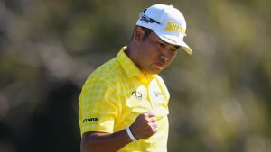 Hideki Matsuyama, of Japan, reacts after sinking a putt on the 18th hole to win The Sentry golf event, Sunday, Jan. 5, 2025, at Kapalua Plantation Course in Kapalua, Hawaii. (Matt York/AP)