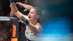 Jasmine Jasudavicius celebrates the win over Ariane Da Silva during a flyweight bout at UFC Fight Night in Edmonton on Saturday, November 2, 2024. (Jason Franson/CP)