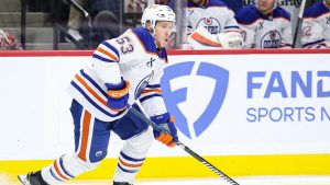 Edmonton Oilers centre Jeff Skinner (53) skates with the puck during the second period of an NHL hockey game against the Minnesota Wild Thursday, Dec. 12, 2024, in St. Paul, Minn. (Matt Krohn/AP)