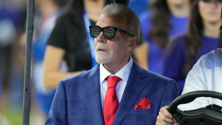 Jim Irsay, principal owner, chairman, and CEO of the Indianapolis Colts arrives on the field at half time of an NFL football game against the Miami Dolphins, Sunday, Oct. 20, 2024 in Indianapolis. (AJ Mast/AP)