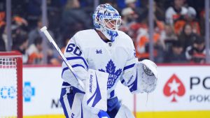 Toronto Maple Leafs' Joseph Woll plays during an NHL hockey game, Tuesday, Jan. 7, 2025, in Philadelphia. (Matt Slocum/AP)