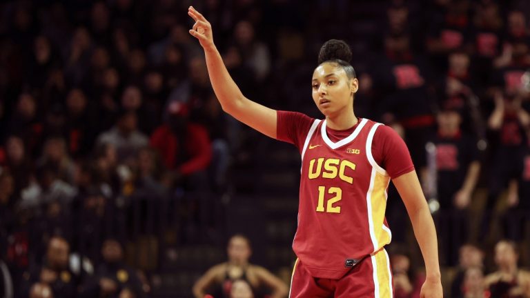 Southern California guard JuJu Watkins (12) gestures after an assist during the first half of an NCAA college basketball game against Rutgers, Sunday, Jan. 5, 2025, in Piscataway, N.J. (Heather Khalifa/AP)