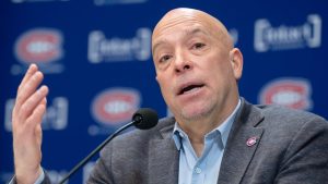 Montreal Canadiens general manager Kent Hughes gives his mid-season update at a press conference in Brossard, Que., Wednesday, Jan. 8, 2025. (Ryan Remiorz/CP)