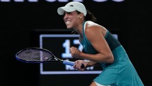 Madison Keys of the U.S. celebrates after defeating Iga Swiatek of Poland in their semifinal match at the Australian Open tennis championship in Melbourne, Australia, early Friday, Jan. 24, 2025. (Ng Han Guan/AP Photo)