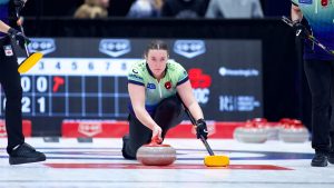 Lauren Lenentine shoots a stone during the 2024 Co-op Canadian Open in Nisku, Alta. (Anil Mungal/GSOC)