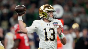 Notre Dame quarterback Riley Leonard throws a pass during the first half against Georgia in the quarterfinals of a College Football Playoff, Thursday, Jan. 2, 2025, in New Orleans. (Gerald Herbert/AP Photo)