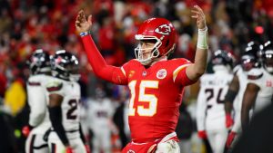 Kansas City Chiefs quarterback Patrick Mahomes urges the crowd to make noise as they run down the clock in their game against the Houston Texans during an NFL football divisional playoff game, Saturday, Jan. 18, 2025 in Kansas City, Mo. The Chiefs defeated the Texans by a score of 23-14. (Reed Hoffmann/AP Photo)