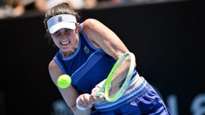 Rebecca Marino of Canada plays a shot against Bernarda Pera of the U.S., in their women's singles match of the ASB Classic tennis tournament at Manuka Doctor Arena in Auckland, New Zealand on Wednesday, Jan. 1, 2025. (Alan Lee/Photosport via AP)